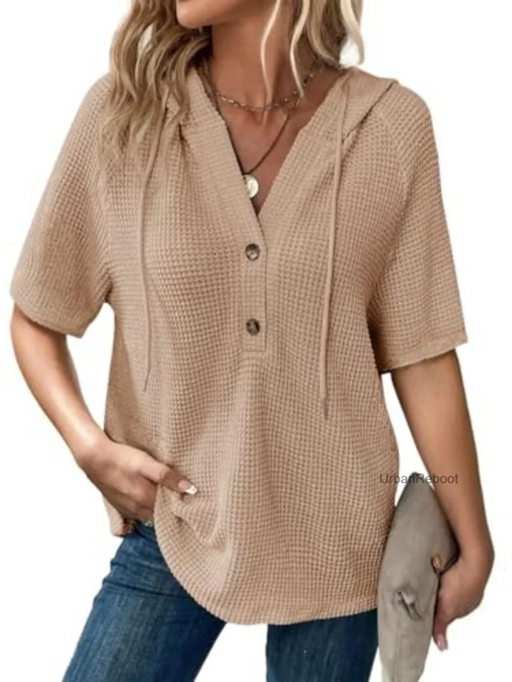 Waffle Knit Drawstring Hoodie Short Sleeve V Neck Button Front Casual Blouse Top